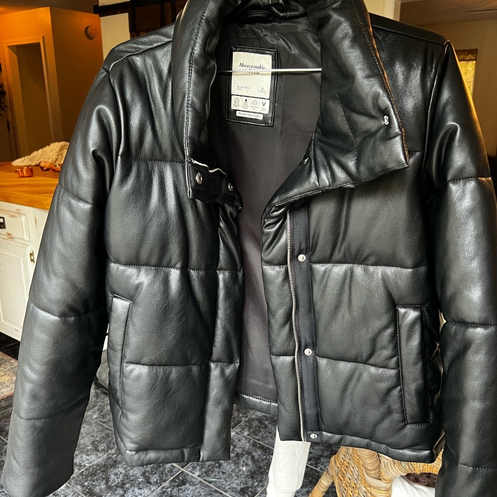 Abercrombie & Fitch Black Faux Leather Puffer Jacket